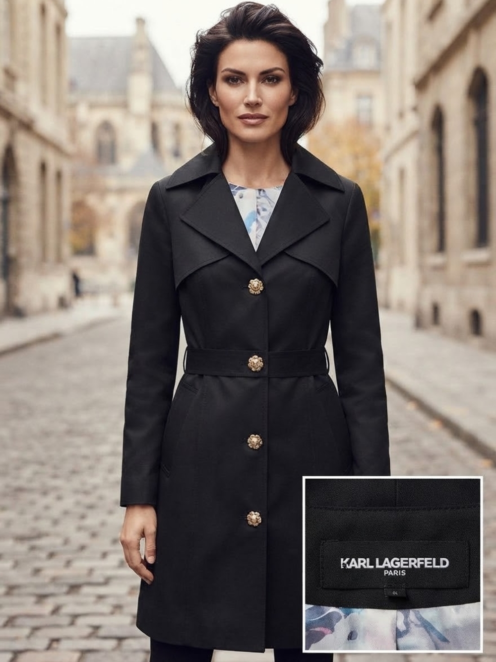 Karl Lagerfeld Black Tailored Trench Coat with Gold Buttons